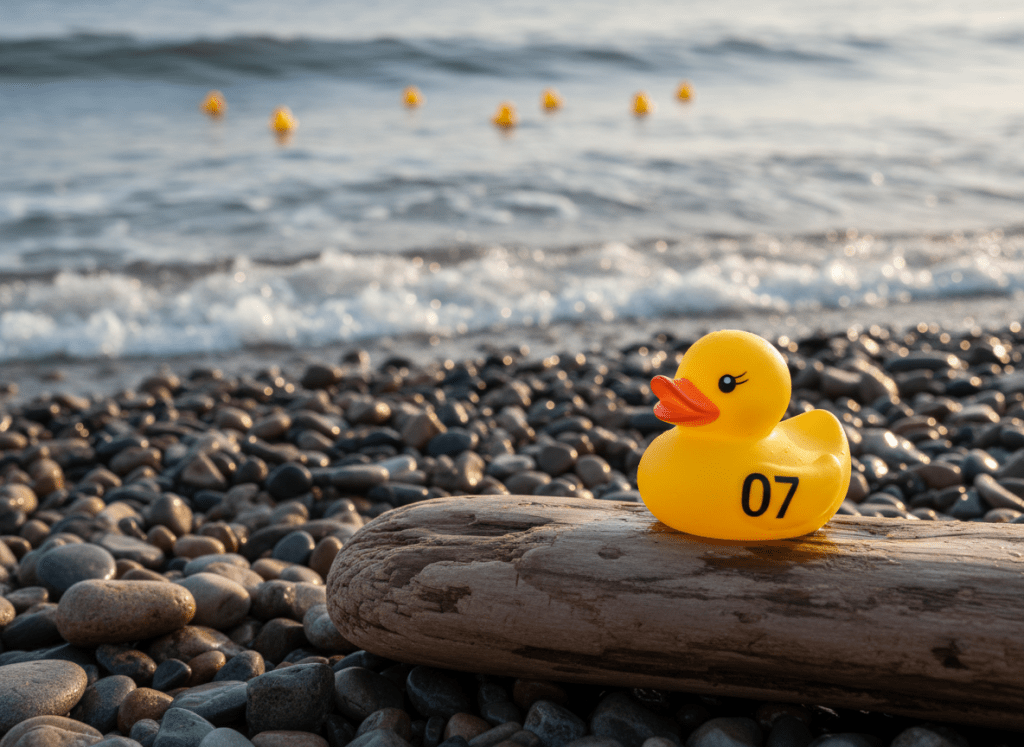 A cozy, close-up still life of a numbered rubber duck resting on a smooth, weathered driftwood log at the edge of a pebbly Pender Island beach. Gentle waves lap in the background, with additional ducks floating further out, softly blurred. The duck’s surface is glossy with tiny water droplets, suggesting it was just placed there during the fundraiser event. Warm, low-angle late afternoon light casts long shadows and a golden glow on the driftwood’s textured grain and colorful stones. Photographic realism, shallow depth of field, and a slightly off-center composition create an intimate, playful, and community-focused atmosphere that hints at the charity race without any text or people.