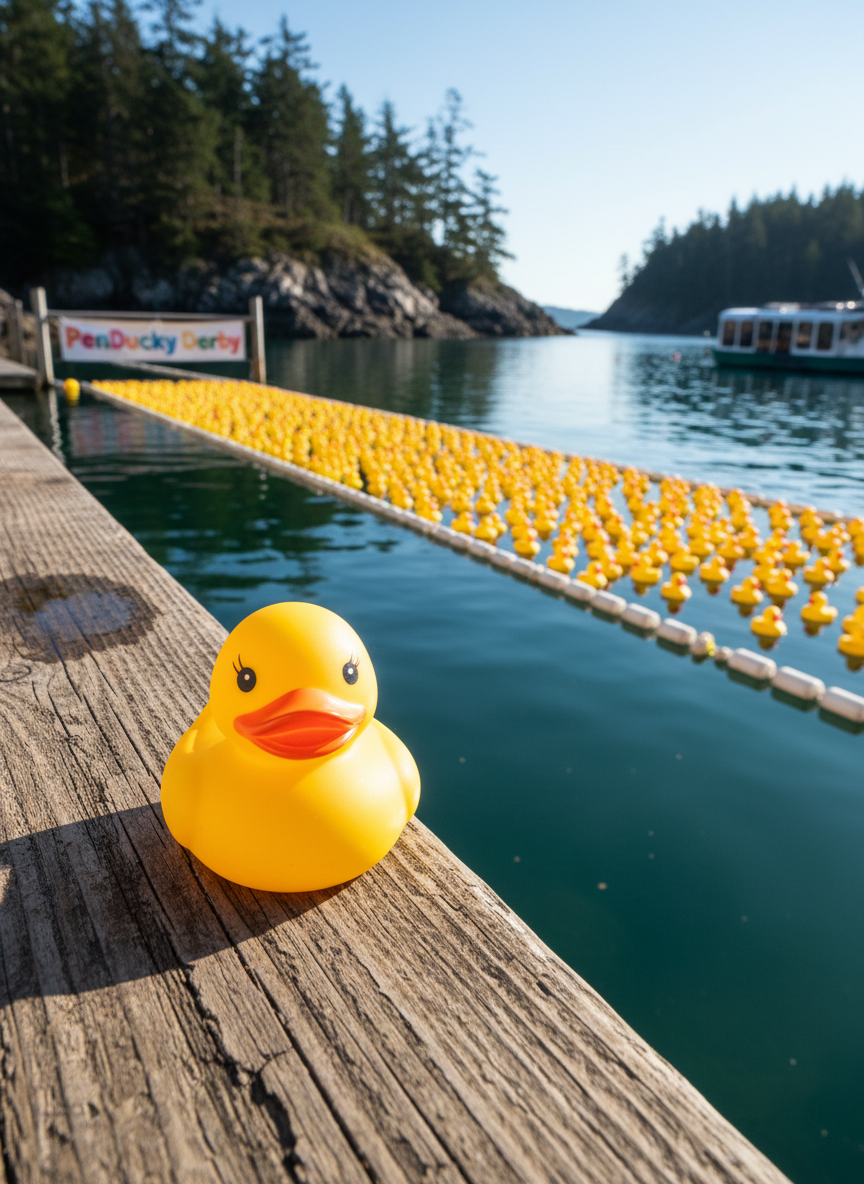 A playful, photographic close-up of a rubber duck perched at the edge of a wooden dock, looking out over a starting lane of ducks lined up in the water below, ready for the PenDucky Derby. The dock boards are weathered, with visible grain and tiny puddles from recent splashes. The background shows a sheltered cove with rocky shoreline, evergreen trees, and a distant, eco-style tour boat, all softly blurred. Late morning coastal light creates crisp, bright highlights and gentle shadows, emphasizing the duck’s smooth, shiny surface. Shot from a low, slightly tilted angle to enhance energy and anticipation, the mood is lighthearted, family-friendly, and full of race-day excitement.
