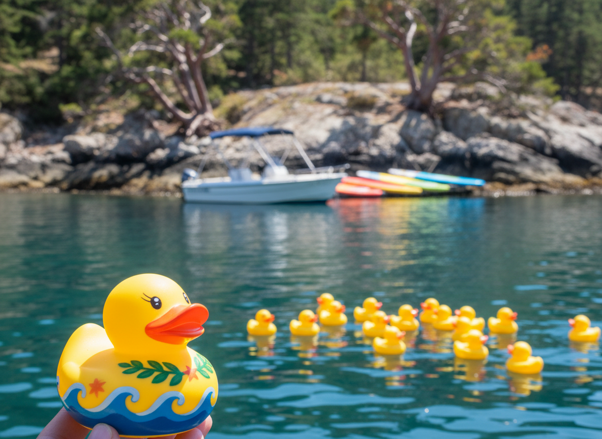 A single, slightly larger ‘champion’ rubber duck in sharp focus at the front of a loose group of ducks, all floating in a calm, sunlit cove typical of the Gulf Islands. The champion duck has playful painted wave and star details, symbolizing the winning duck in the PenDucky Derby fundraiser. Behind it, blurred in the distance, a small eco tour boat and colorful paddleboards rest near a rocky shoreline with arbutus trees. Warm afternoon sunlight creates bright highlights and soft shadows on the water and ducks. Photographic realism, shot from a slightly elevated angle using rule-of-thirds composition, conveys a cheerful, celebratory mood anchored in a coastal community setting.